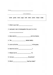 English worksheet: CVCe Sentence