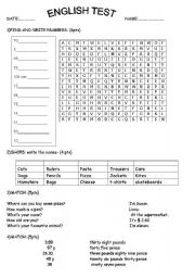 English Worksheet: test - numbers 1-100 , shops names, personal quest, prices