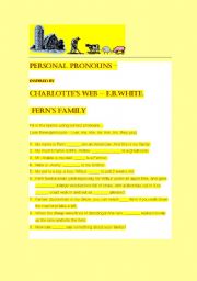 English worksheet: Charlottes Web - Personal Pronoun Worksheet. with Fern and Family.