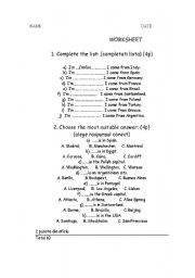 English worksheet: countries and nationalities