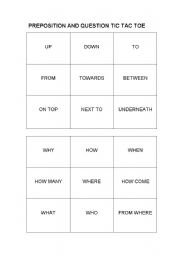 English Worksheet: Preposition and Question Word Tic Tac Toe