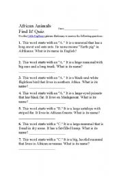 English worksheet: African Animals Find It! Quiz