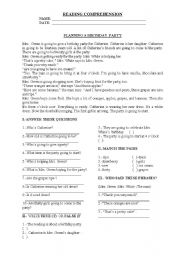 English Worksheet: PLANNING A BIRTHDAY PARTY
