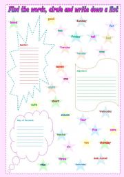 Find the word, circle and write down a list (writting and recognizing) ***fully editable