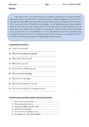 English Worksheet: Test : Reading + grammar (3 pages)