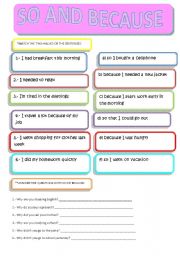 English Worksheet: So and Because 