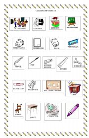 English worksheet: classroom objects