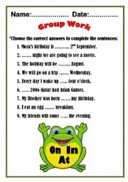 English Worksheet: Preposition of time with Mr. Frog