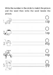 English worksheet: phonics word/picture match and writing practice