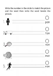 phonics word/picture match and writing practice worksheet