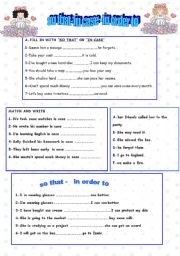 English Worksheet: so that-in case -in order to 