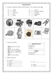 English Worksheet: Personal items and demonstrative pronous
