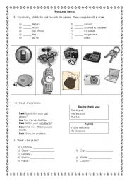 English worksheet: Personal items and demonstrative pronous