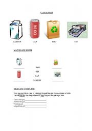 English Worksheet: CONTAINERS ( MATCHING, READING TEXT...)
