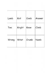 English Worksheet: silent letter bingo
