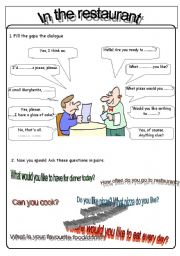 English Worksheet: In the restaurant, useful dialogue and speaking activity