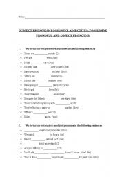 English Worksheet: Subject pronouns, possessive adjectives, possessive pronouns and object pronouns