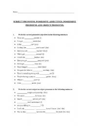 English Worksheet: Subject pronouns, possessive adjectives, possessive pronouns and object pronouns
