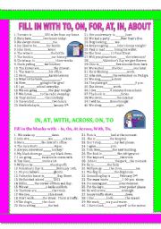 English Worksheet: PREPOSITIONS, WITH, ABOUT, FOR, AT, IN, ON, AND TO 