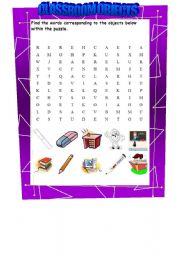 English Worksheet: Classroom objects puzzle