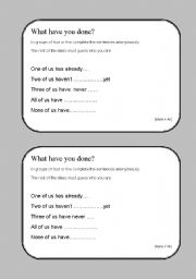 English Worksheet: WHAT HAVE YOU DONE?   Present perfect speech cards