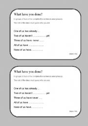 English worksheet: WHAT HAVE YOU DONE?   Present perfect speech cards