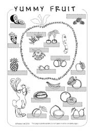 English Worksheet: Bunnys Yummy Fruit - Pictionary / Wordsearch / Coloring
