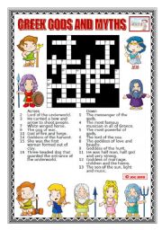 English Worksheet: GREEK GODS AND MYTHS CROSSWORD