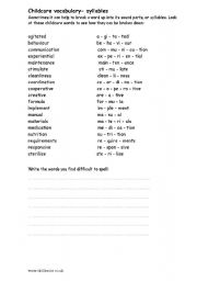 English worksheet: Childcare Vocabulary- syllables