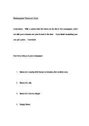 English worksheet: Newspaper Treasure Hunt