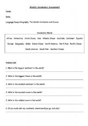 English Worksheet: Vocabulary: Geography: Continents and Oceans