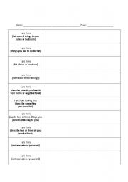 English Worksheet: I am From Poem Template