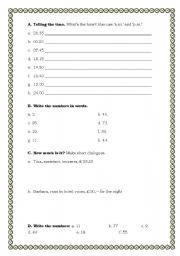 English worksheet: Numbers, Telling the time