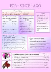 English Worksheet: Present Perfect: For/ Since + Ago