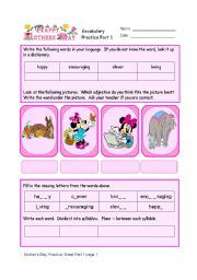 English Worksheet: Mothers Day Vocabulary Practice Part 4/8 of unit.  With detailed key.