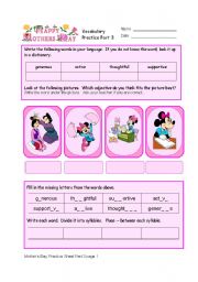 English Worksheet: Mothers Day Vocabulary Practice Part 6/8 of unit.  With detailed key.