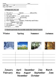 English Worksheet: Seasons and months (+in, on, at)