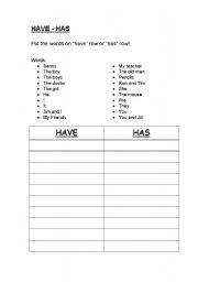 English Worksheet: Have - Has