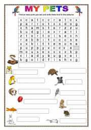 English Worksheet: pets wordsearch