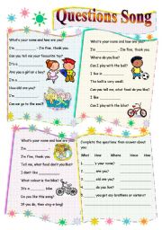 English Worksheet: Personal Information Song (B/W version included) Childrens Songs 1
