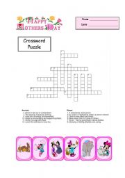 English Worksheet: Mothers Day Crossword Part 7/8 of unit.  With detailed key.