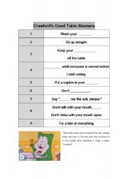 English worksheet: Crawford the cat - proper table manners