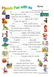 English Worksheet: 3 pages of Phonic Comics with au: worksheet, comic dialogue and key (#32)