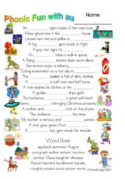 3 pages of Phonic Comics with au: worksheet, comic dialogue and key (#32)