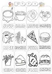 English Worksheet: Food Pictionary Colouring (2 pages)