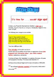 English Worksheet: SOCCER SIGN UP - another kind of reading with key