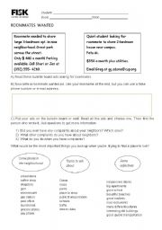 English Worksheet: ROOMMATES  WANTED