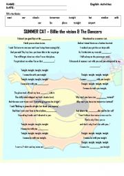 English Worksheet: Summer Cat song activity 