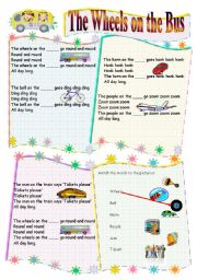 English Worksheet: Wheels on the bus song (B/W version included) Childrens Songs 4