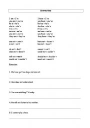 English Worksheet: Contractions List